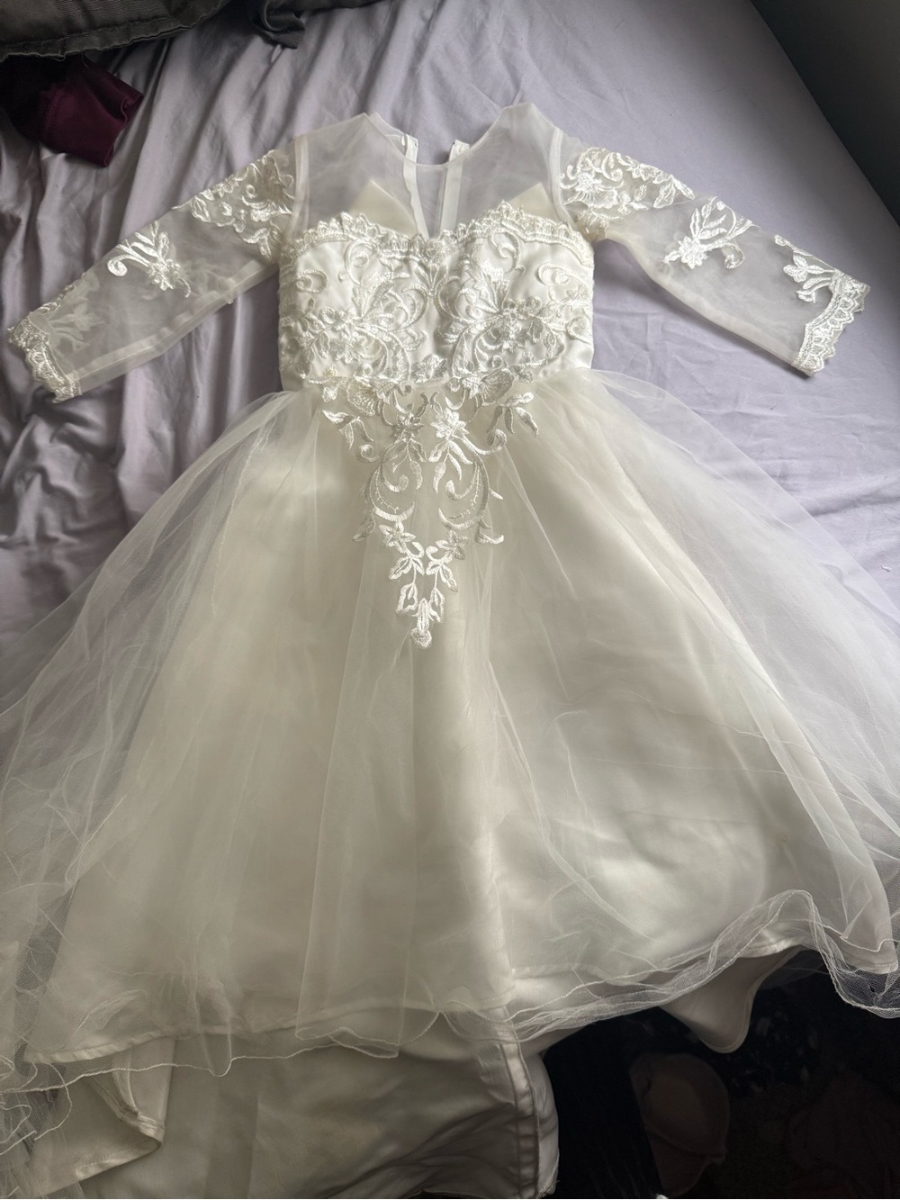 Girls Ivory Lace Tulle Party Dress with Long Sleeves